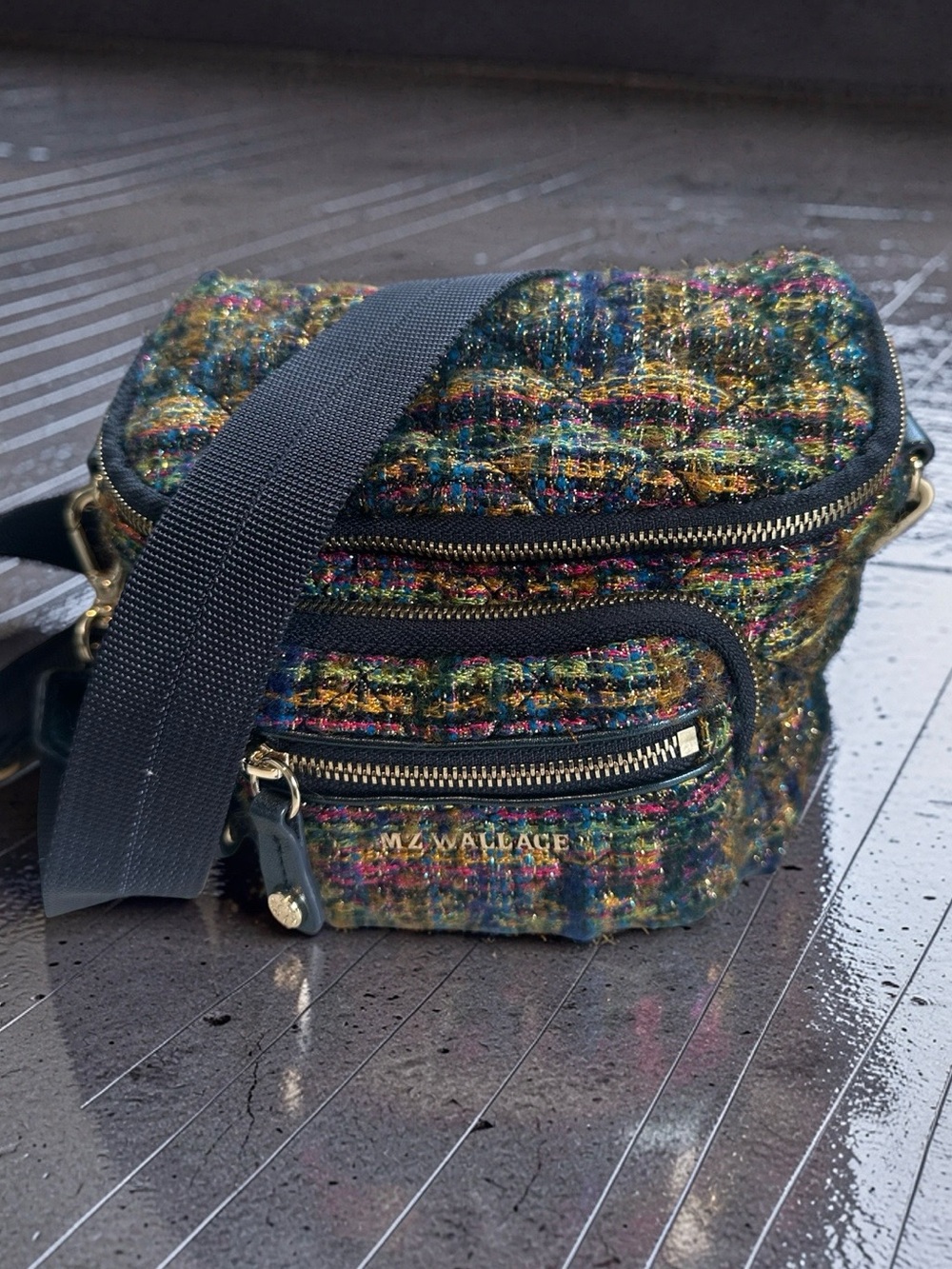 MZ Wallace Micro Crosby Gold Multicolor Tweed Crossbody Bag with Navy Strap